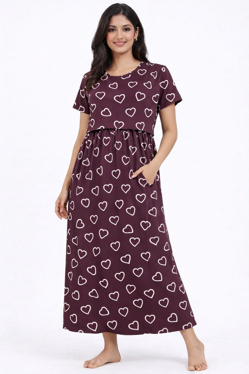 165-175 GsmPremium Quality Pure Knitted Cotton Feeding Lounge Wear Zipless type-Brown Heart
